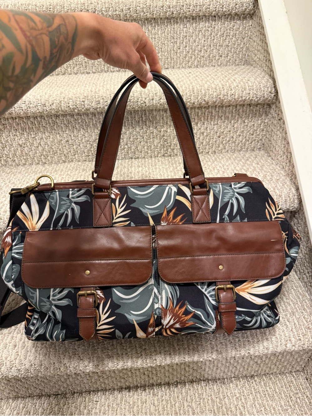 Fossil Black Floral Duffel with Brown Trim